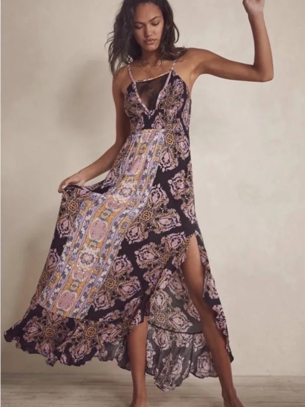 Free People That Moment Maxi Dress - Black Pink Print Maxi Halter Dress